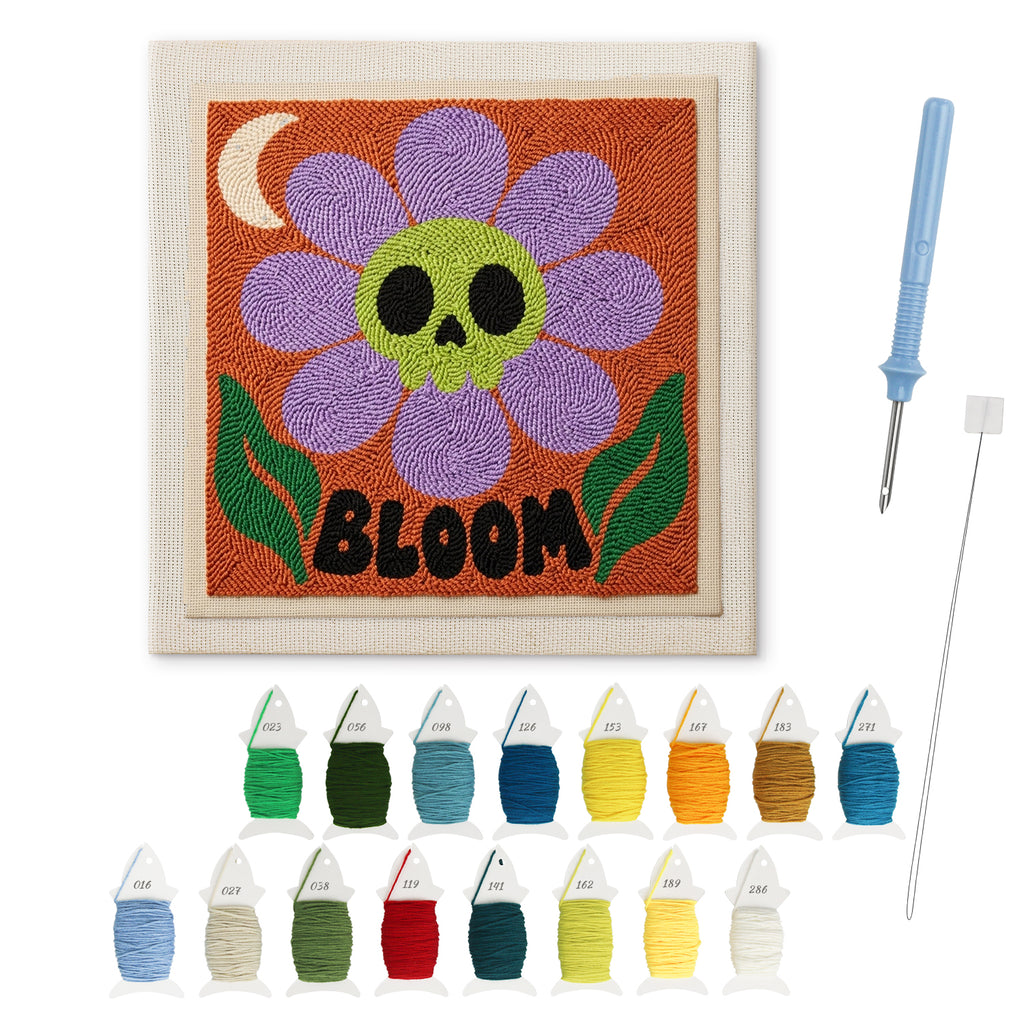 Bloom Skull Flower punch needle kit: finished canvas with threads, punch needle and threader