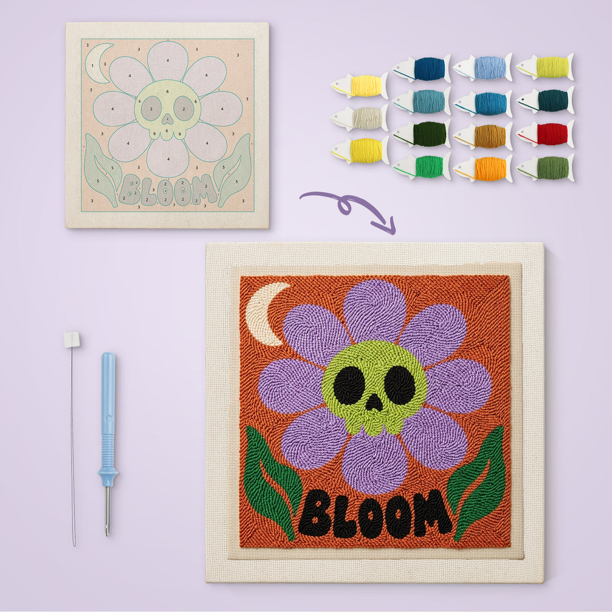 Bloom Skull Flower canvas before and after punching, with the threads and tools