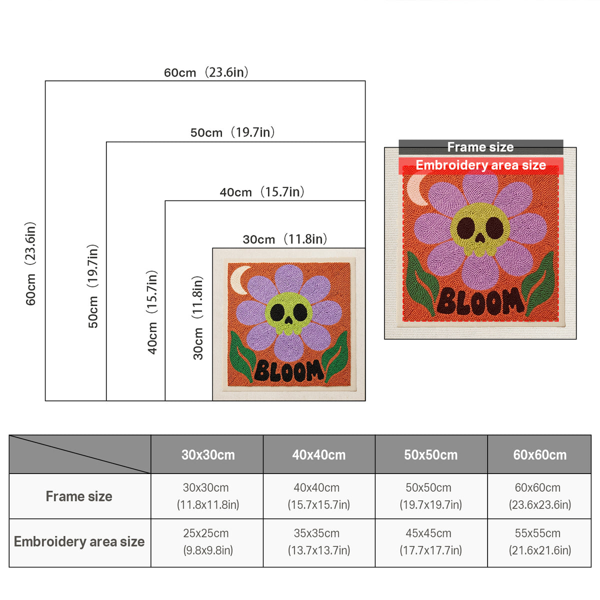 Size chart for square punch needle kits from 30 x 30 cm to 60 x 60 cm