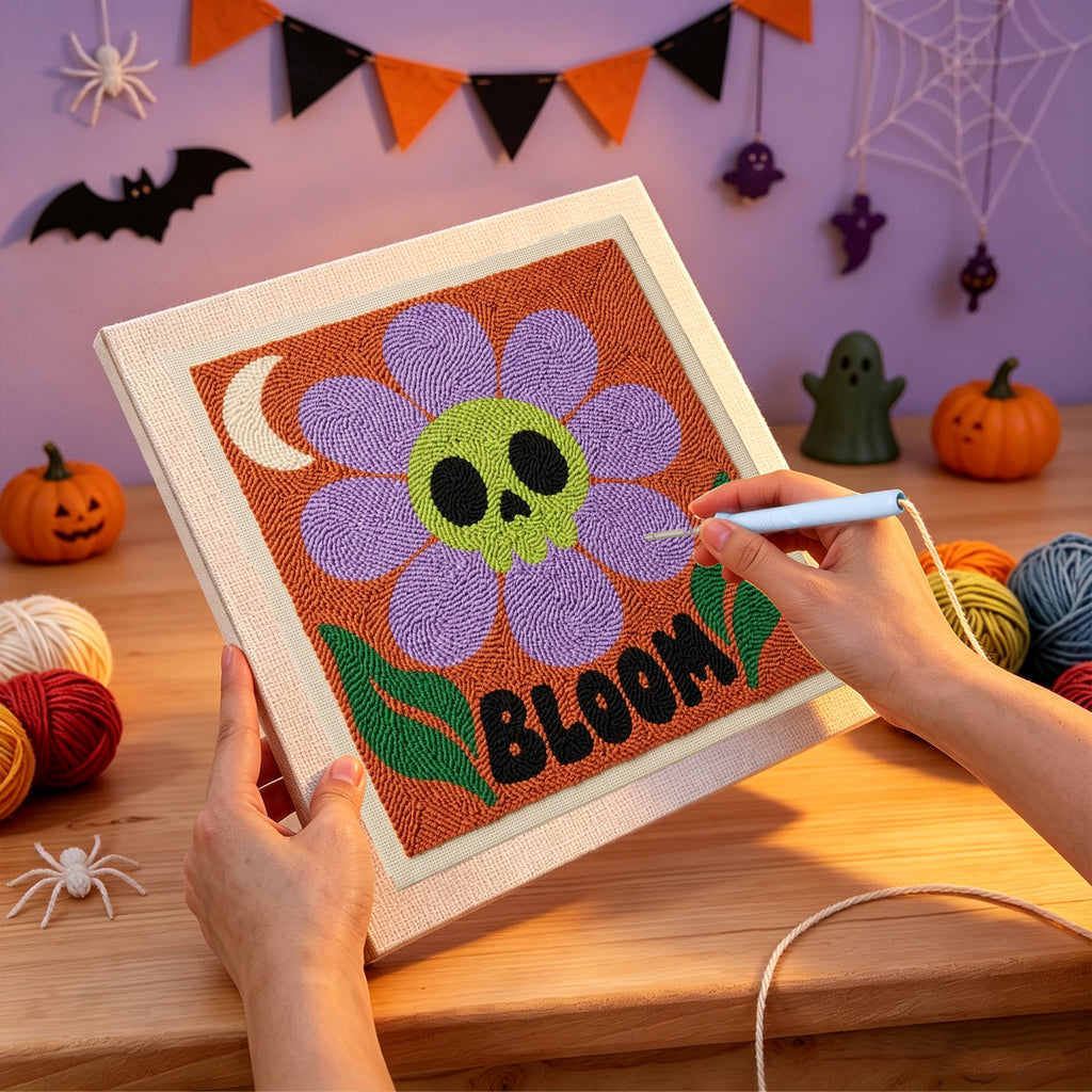 Punching the Bloom Skull Flower design with the punch needle