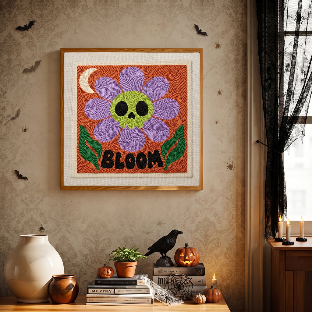 Finished Bloom Skull Flower punch needle canvas on a wall