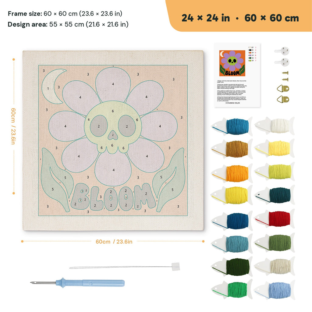 Bloom Skull Flower punch needle kit, 24 × 24 in (60 × 60 cm): canvas size and kit contents