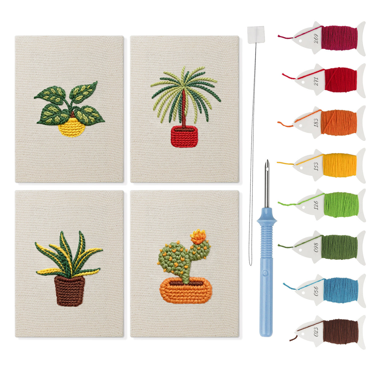 Blooming Cactus Shelf mini punch needle kit set: four finished canvases with threads, punch needle and threader