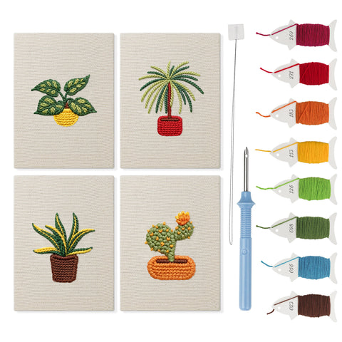 Blooming Cactus Shelf mini punch needle kit set: four finished canvases with threads, punch needle and threader