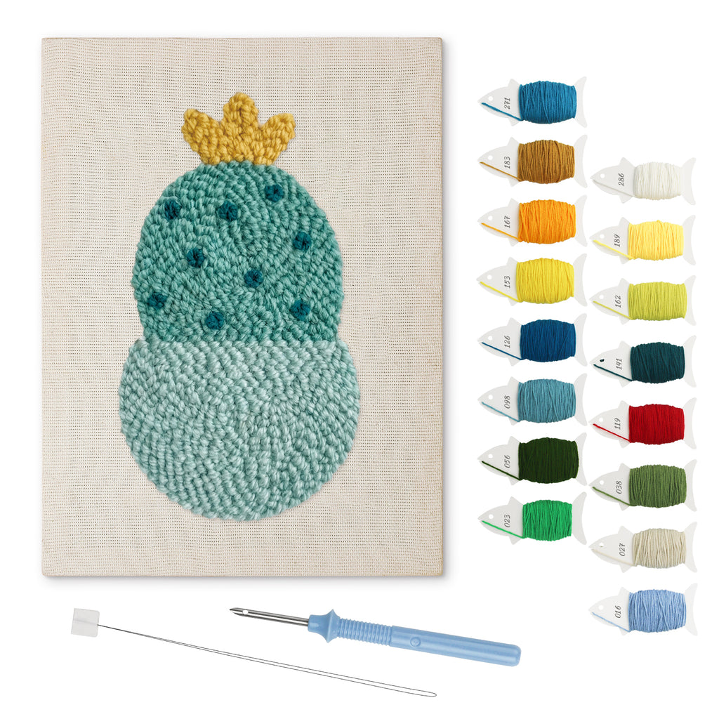 Blooming Round Cactus punch needle kit: finished canvas with threads, punch needle and threader