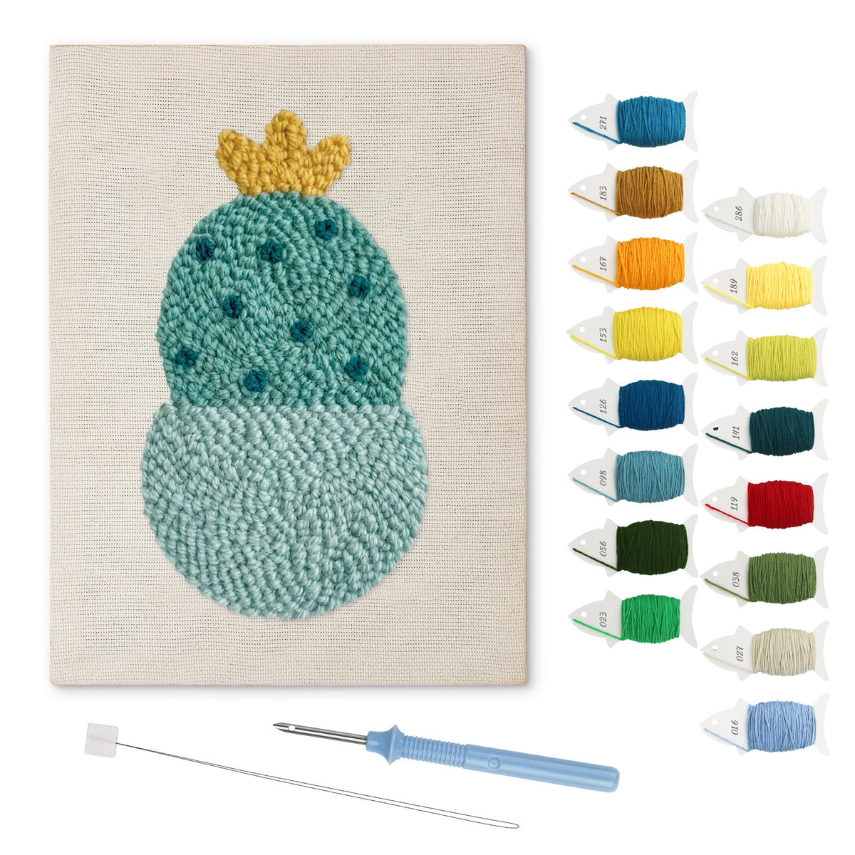 Blooming Round Cactus punch needle kit: finished canvas with threads, punch needle and threader
