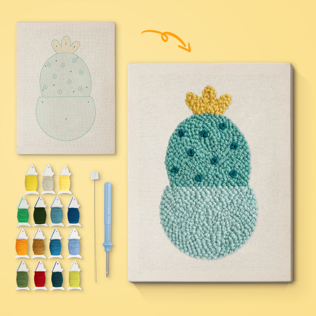 Blooming Round Cactus canvas before and after punching, with the threads and tools