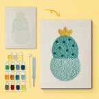 Blooming Round Cactus canvas before and after punching, with the threads and tools