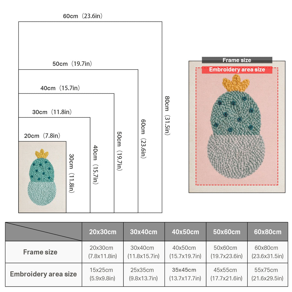 Size chart for punch needle kits from 20 x 30 cm to 60 x 80 cm