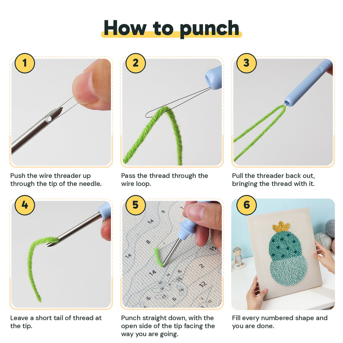 Six steps showing how to thread and use the punch needle