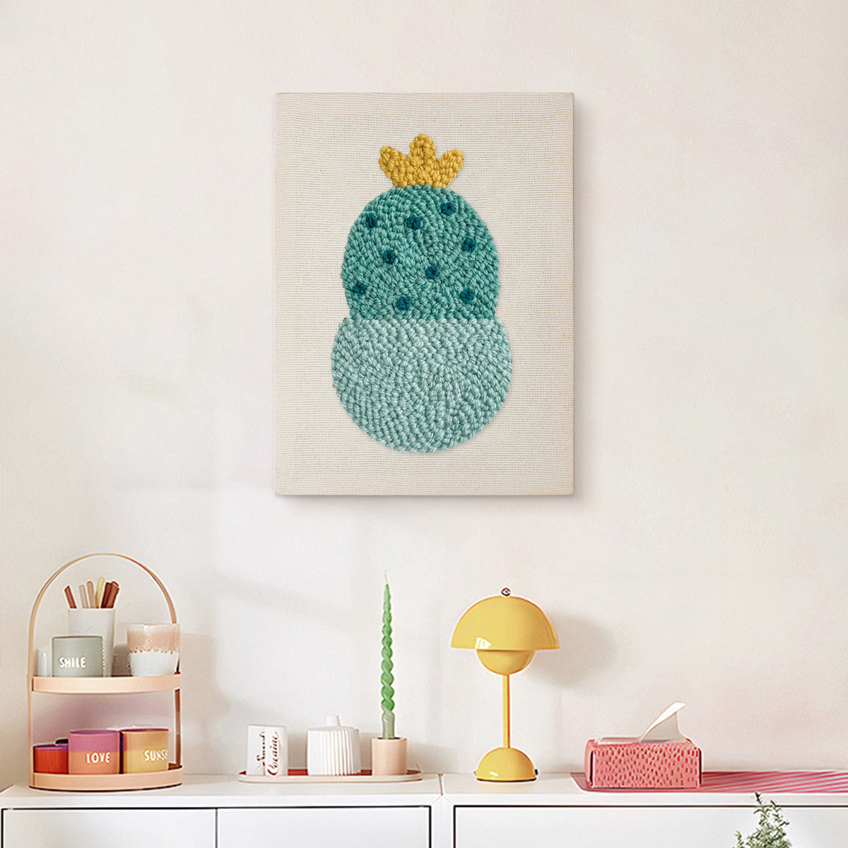 Finished Blooming Round Cactus punch needle canvas on a wall