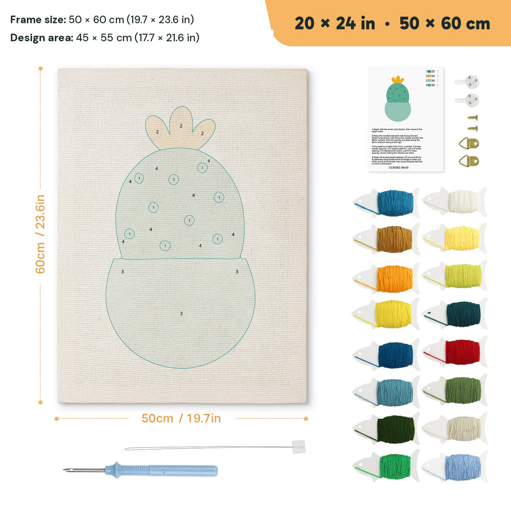 Blooming Round Cactus punch needle kit, 20 × 24 in (50 × 60 cm): canvas size and kit contents