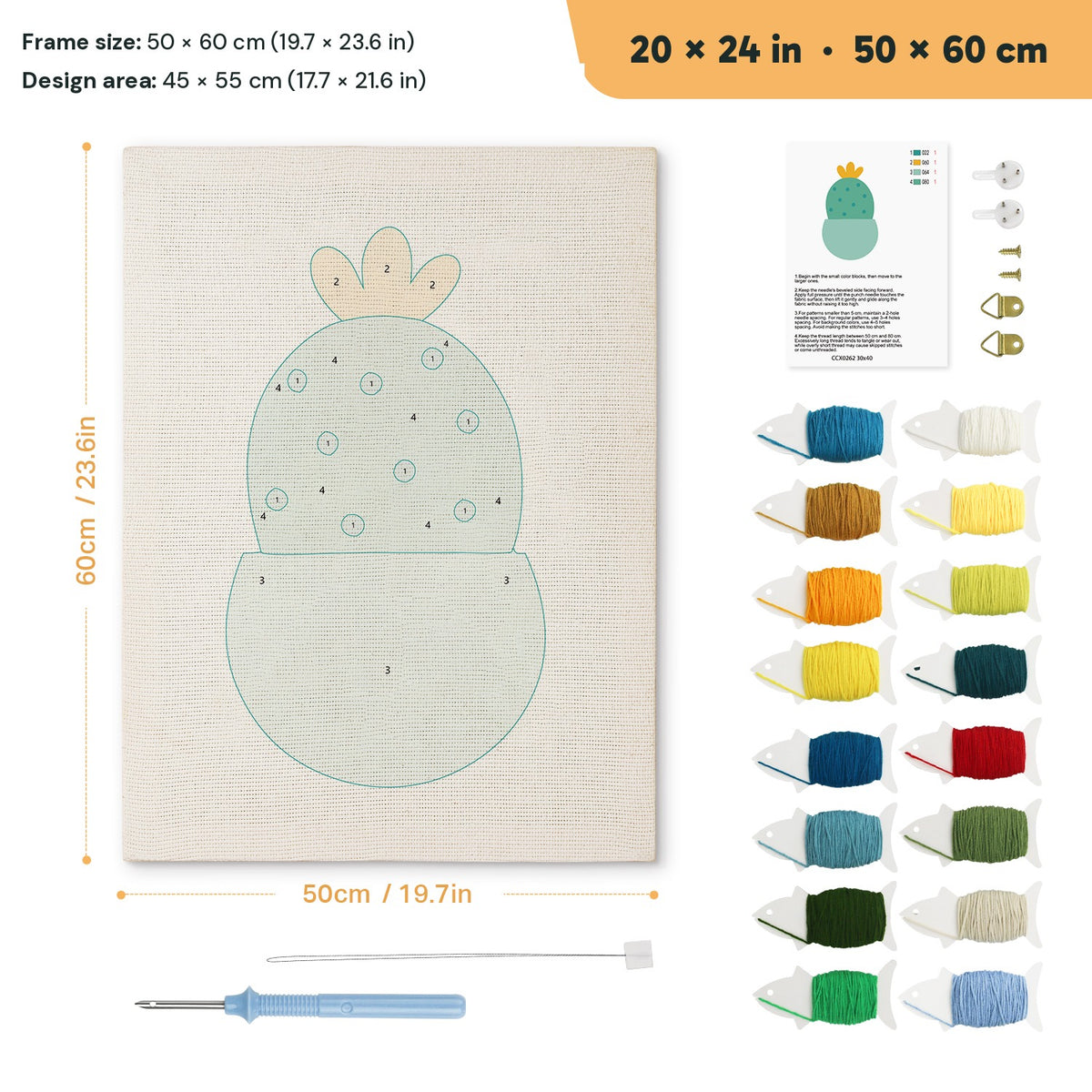 Blooming Round Cactus punch needle kit, 20 × 24 in (50 × 60 cm): canvas size and kit contents