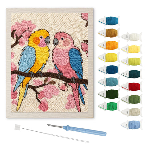 Blossom Branch Parrots punch needle kit: finished canvas with threads, punch needle and threader