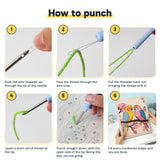 Six steps showing how to thread and use the punch needle