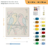 Blossom Branch Parrots punch needle kit, 16 × 20 in (40 × 50 cm): canvas size and kit contents
