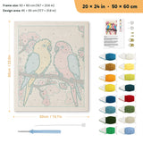 Blossom Branch Parrots punch needle kit, 20 × 24 in (50 × 60 cm): canvas size and kit contents