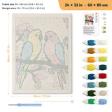 Blossom Branch Parrots punch needle kit, 24 × 32 in (60 × 80 cm): canvas size and kit contents