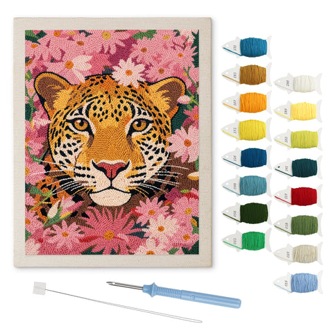 Blossom Leopard punch needle kit: finished canvas with threads, punch needle and threader