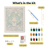 What is in the Blossom Leopard kit: printed canvas, punch needle, threader, threads, color guide and hangers