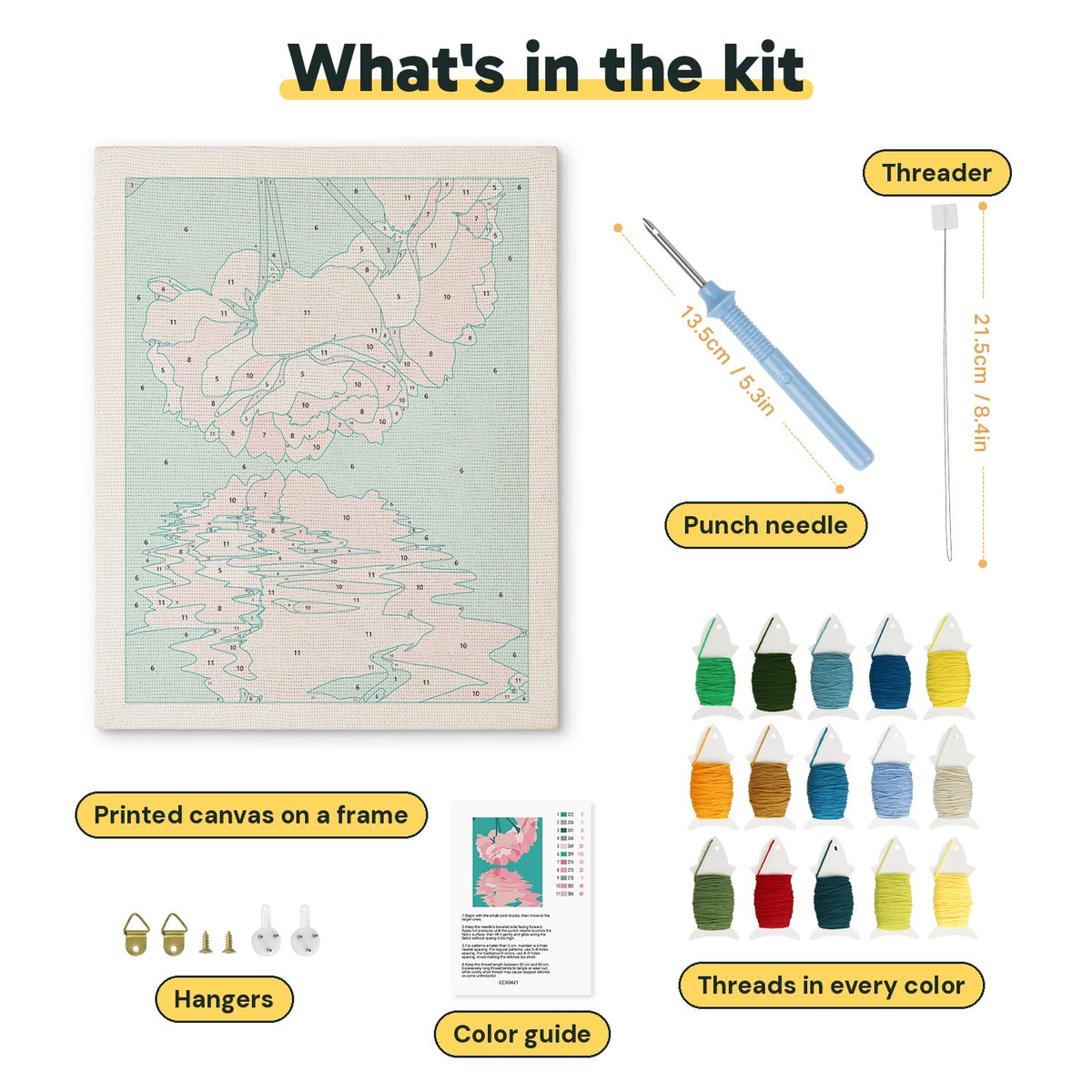 What is in the Blossom Reflection kit: printed canvas, punch needle, threader, threads, color guide and hangers