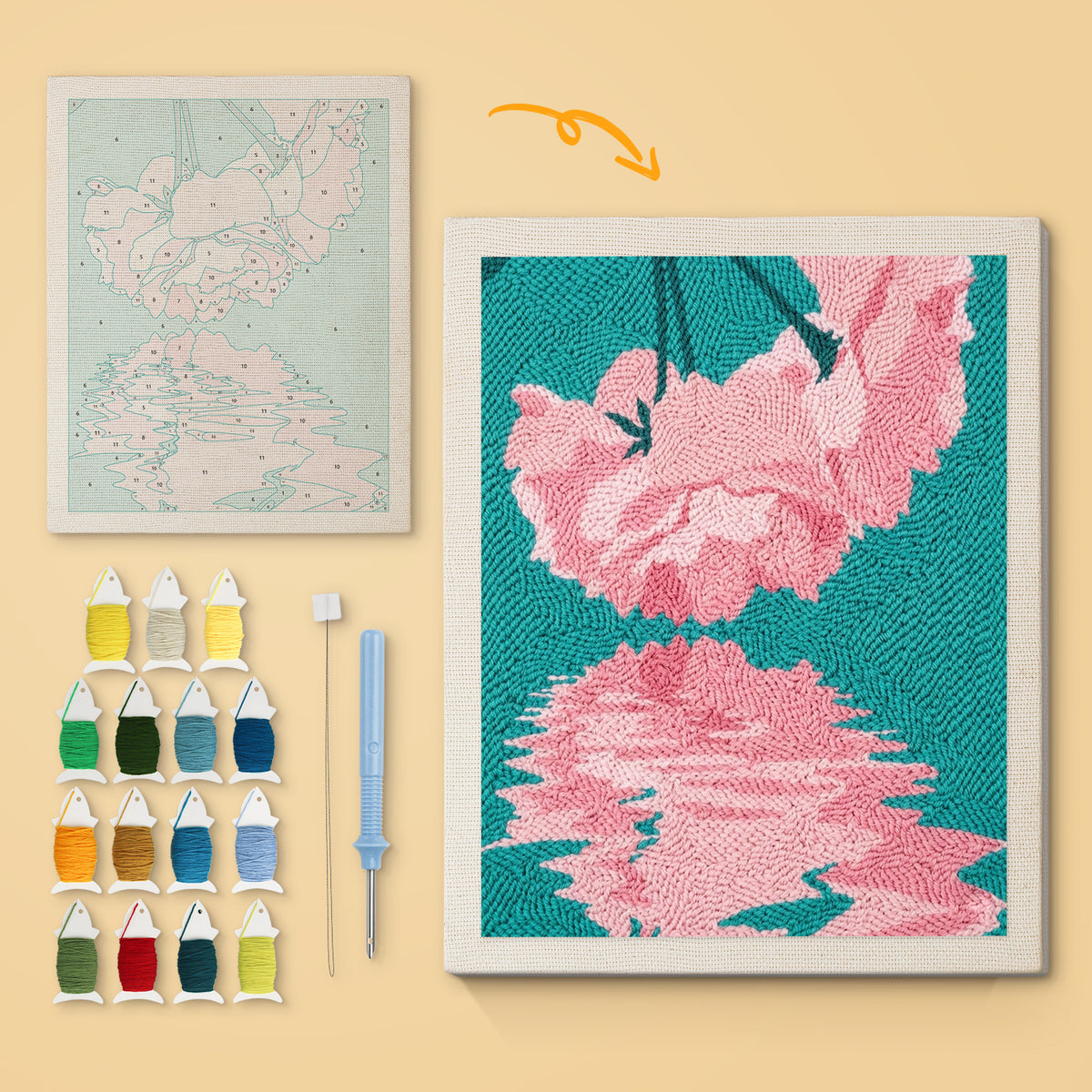 Blossom Reflection canvas before and after punching, with the threads and tools