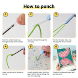 Six steps showing how to thread and use the punch needle