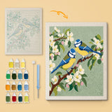 Blossom Songbirds canvas before and after punching, with the threads and tools