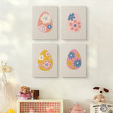 The four Blue Bloom Eggs mini canvases on a wall above a shelf