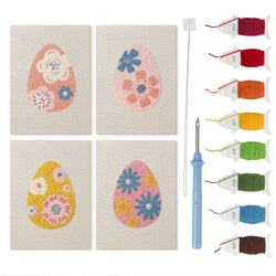 Blue Bloom Eggs mini punch needle kit set: four finished canvases with threads, punch needle and threader