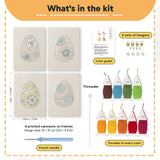 What is in the Blue Bloom Eggs set: 4 printed canvases, punch needle, threader, threads, color guide and 4 sets of hangers (6 × 8 in (15 × 20 cm) each)