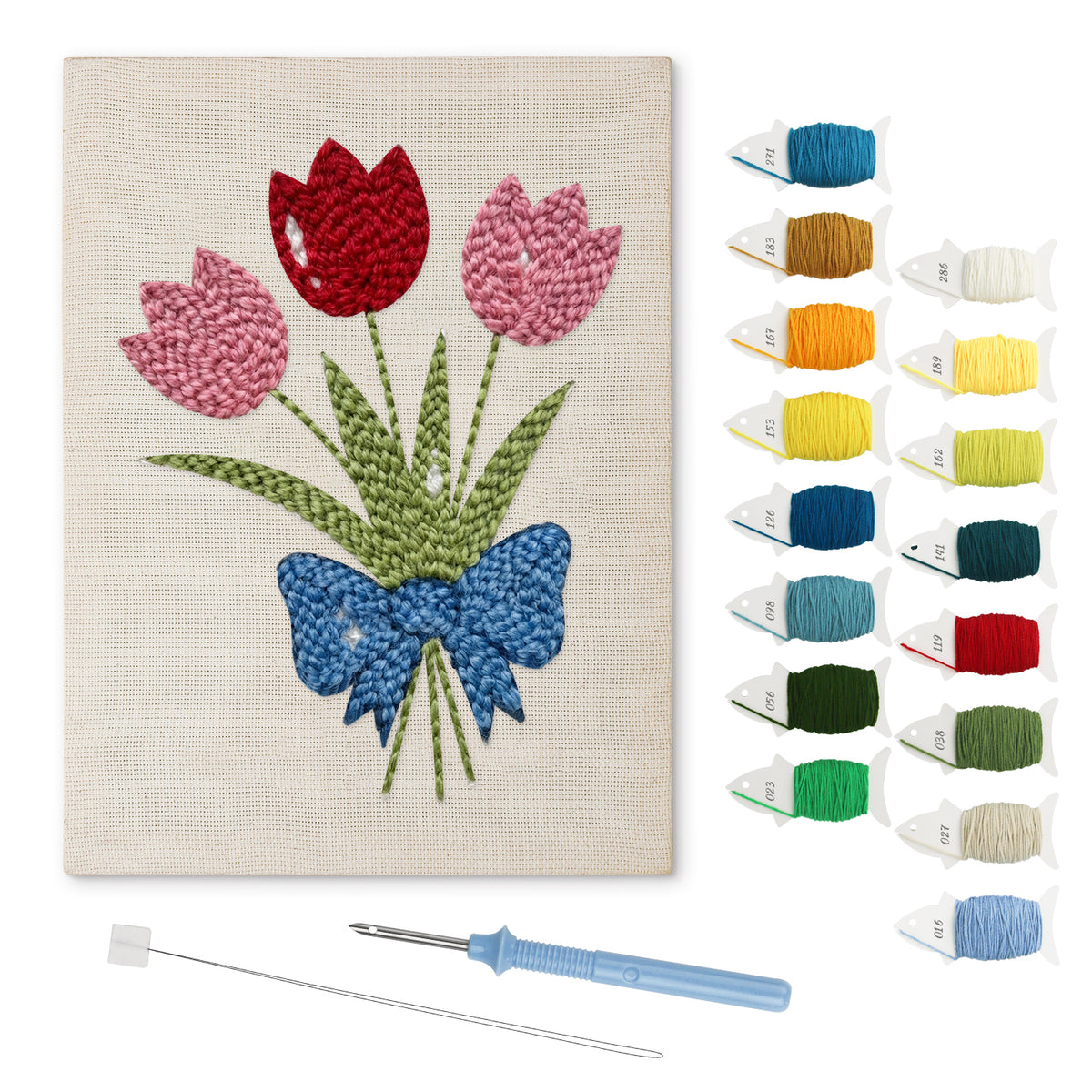 Blue Bow Tulips punch needle kit: finished canvas with threads, punch needle and threader