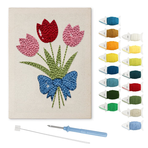 Blue Bow Tulips punch needle kit: finished canvas with threads, punch needle and threader