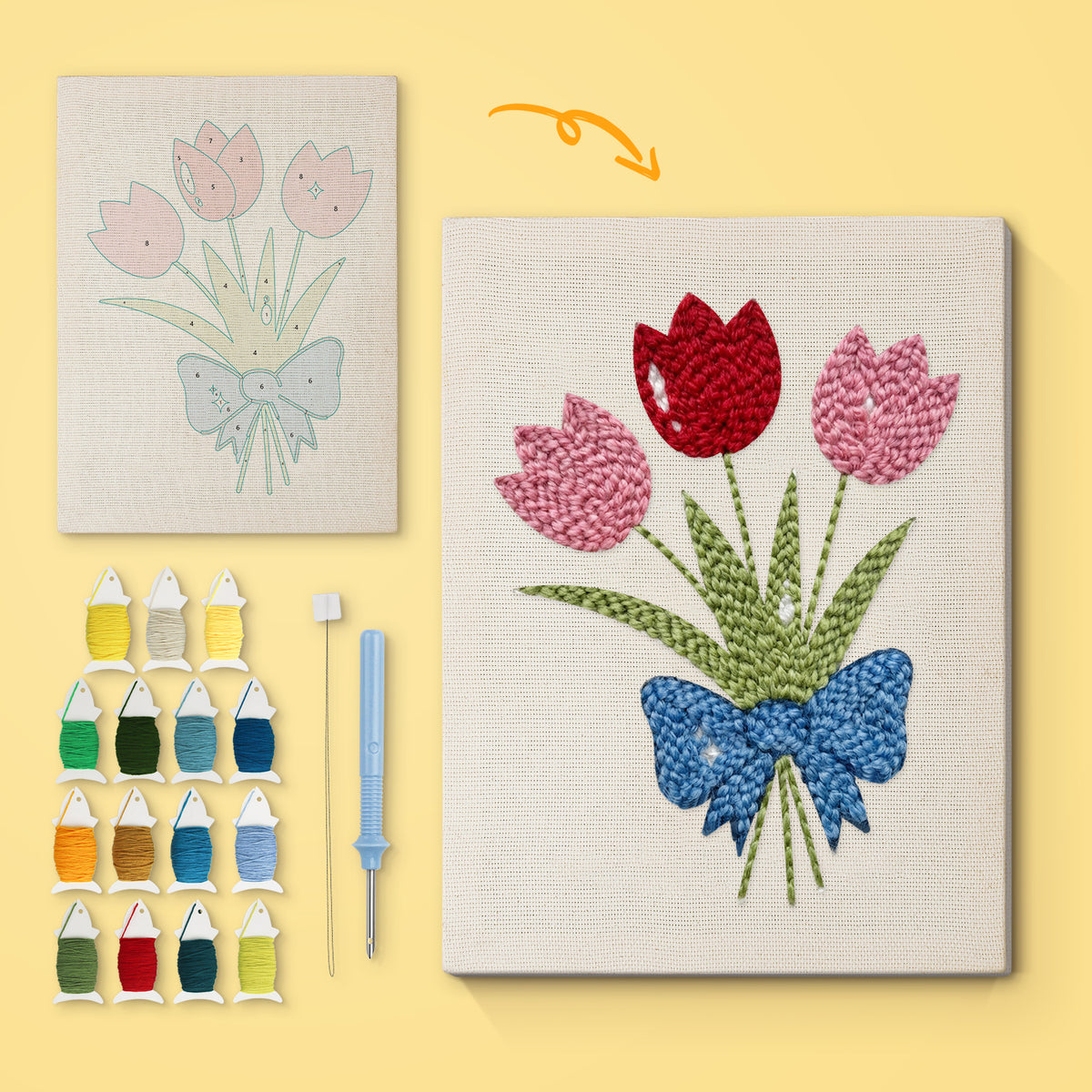 Blue Bow Tulips canvas before and after punching, with the threads and tools