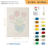 Blue Bow Tulips punch needle kit, 16 × 20 in (40 × 50 cm): canvas size and kit contents