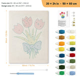 Blue Bow Tulips punch needle kit, 20 × 24 in (50 × 60 cm): canvas size and kit contents