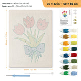 Blue Bow Tulips punch needle kit, 24 × 32 in (60 × 80 cm): canvas size and kit contents