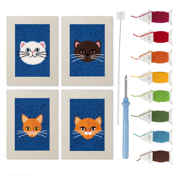 Blue Cat Portraits mini punch needle kit set: four finished canvases with threads, punch needle and threader