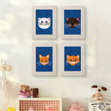 The four Blue Cat Portraits mini canvases on a wall above a shelf