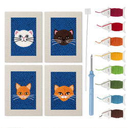 Blue Cat Portraits mini punch needle kit set: four finished canvases with threads, punch needle and threader