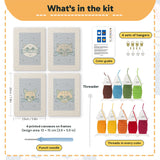 What is in the Blue Cat Portraits set: 4 printed canvases, punch needle, threader, threads, color guide and 4 sets of hangers (6 × 8 in (15 × 20 cm) each)