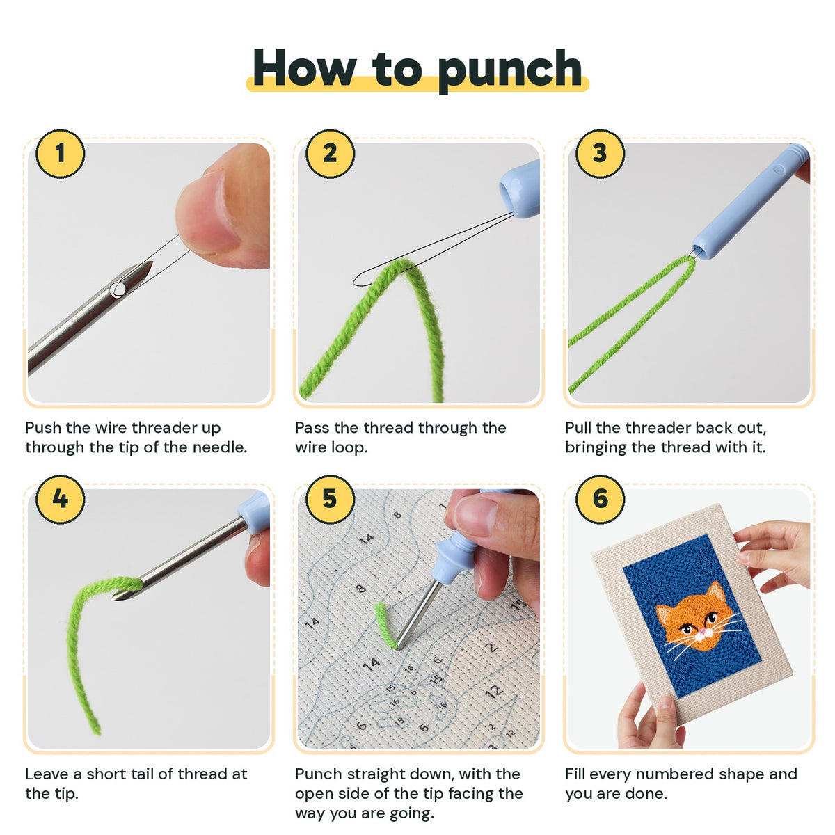 Six steps showing how to thread and use the punch needle