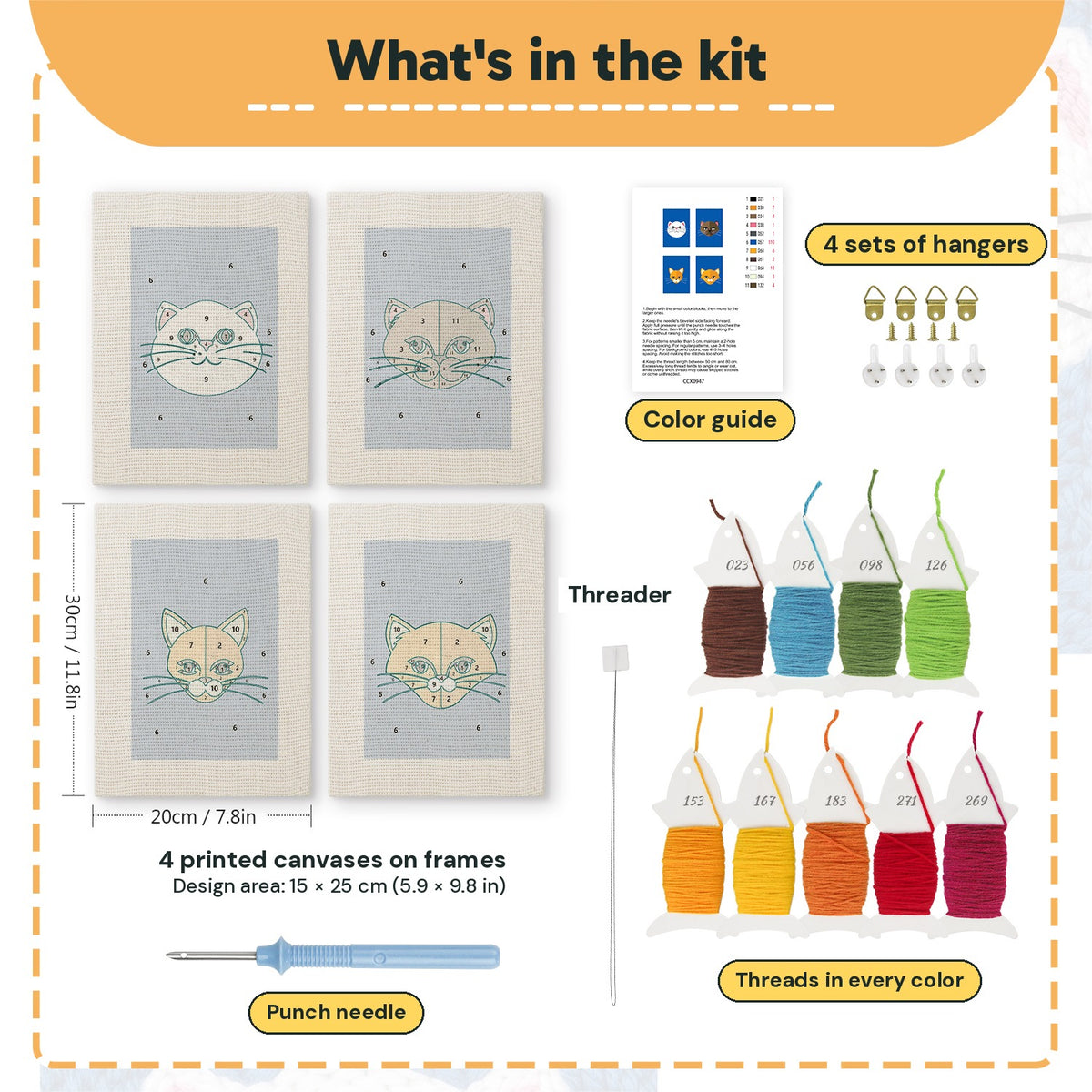 What is in the Blue Cat Portraits set, 8 × 12 in (20 × 30 cm) each: 4 printed canvases, punch needle, threader, threads, color guide and 4 sets of hangers