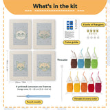 What is in the Blue Cat Portraits set, 8 × 12 in (20 × 30 cm) each: 4 printed canvases, punch needle, threader, threads, color guide and 4 sets of hangers