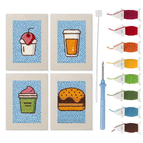 Blue Cherry Cupcake mini punch needle kit set: four finished canvases with threads, punch needle and threader