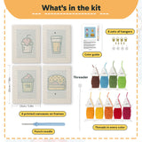 What is in the Blue Cherry Cupcake set: 4 printed canvases, punch needle, threader, threads, color guide and 4 sets of hangers (6 × 8 in (15 × 20 cm) each)