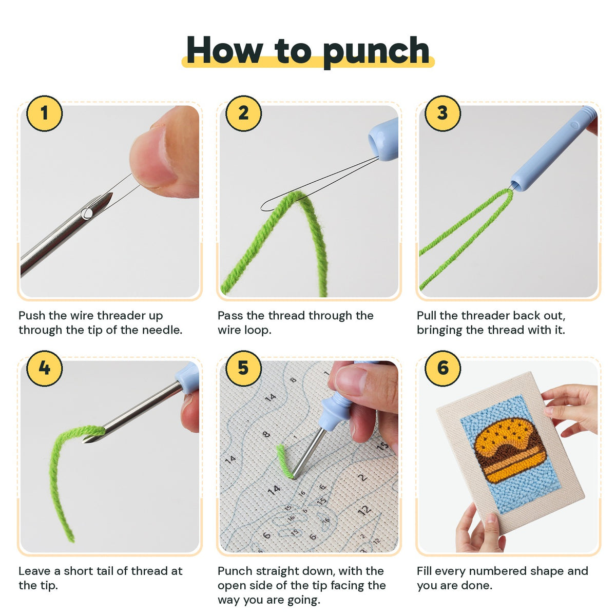 Six steps showing how to thread and use the punch needle