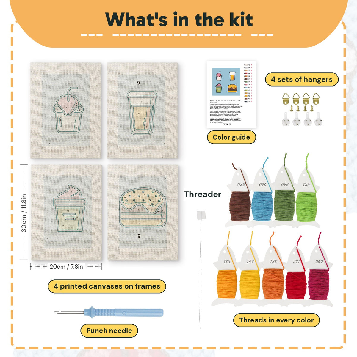 What is in the Blue Cherry Cupcake set, 8 × 12 in (20 × 30 cm) each: 4 printed canvases, punch needle, threader, threads, color guide and 4 sets of hangers