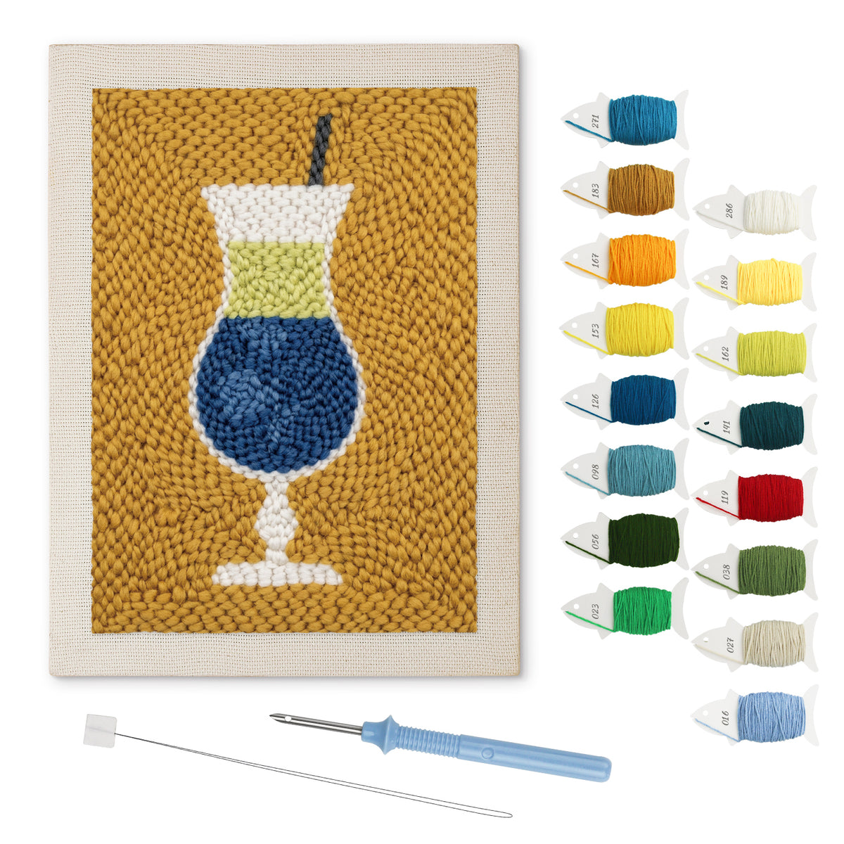 Blue Cocktail Hour punch needle kit: finished canvas with threads, punch needle and threader