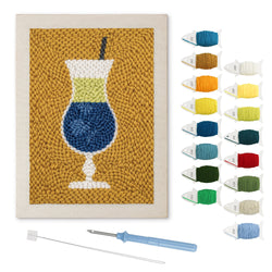 Blue Cocktail Hour punch needle kit: finished canvas with threads, punch needle and threader